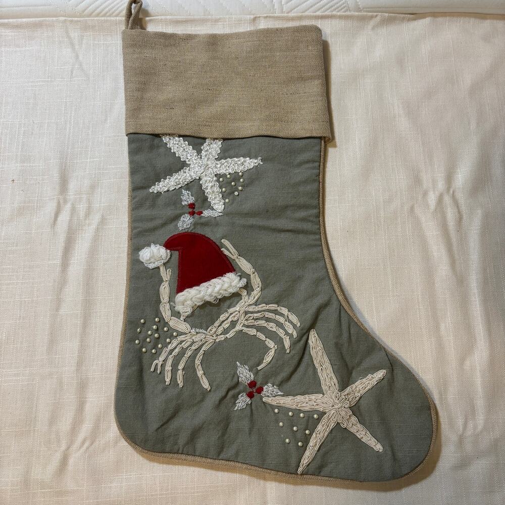 Pier 1 Imports Christmas Stocking Coastal Starfish Santa Hat Embroidered Beaded
